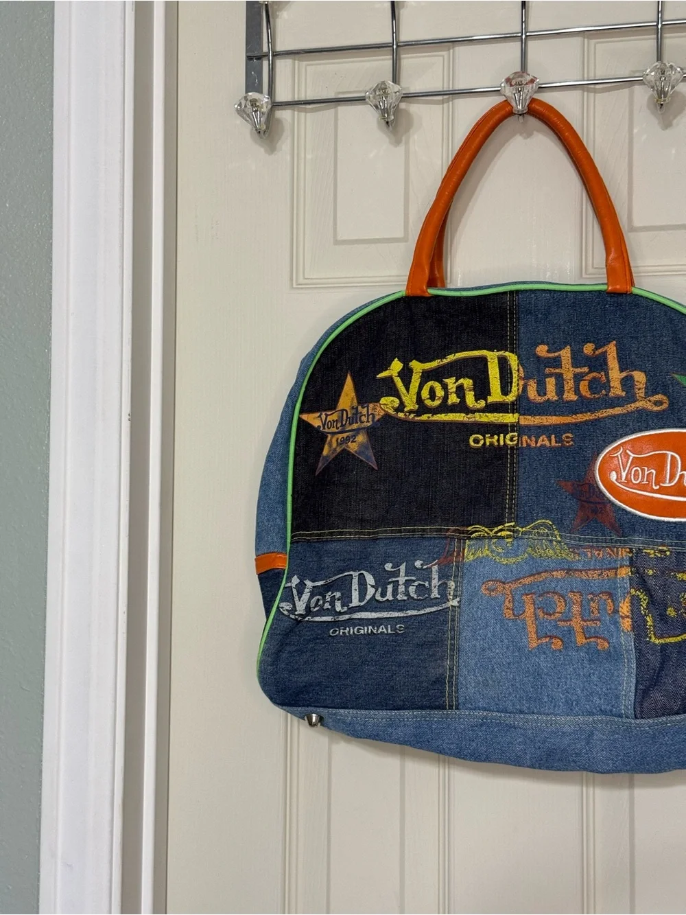 Vintage Y2K Von Dutch Denim Patchwork Bag with Orange Handles and Lime Trim